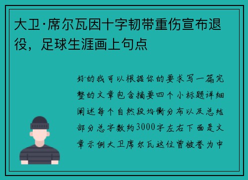 大卫·席尔瓦因十字韧带重伤宣布退役，足球生涯画上句点